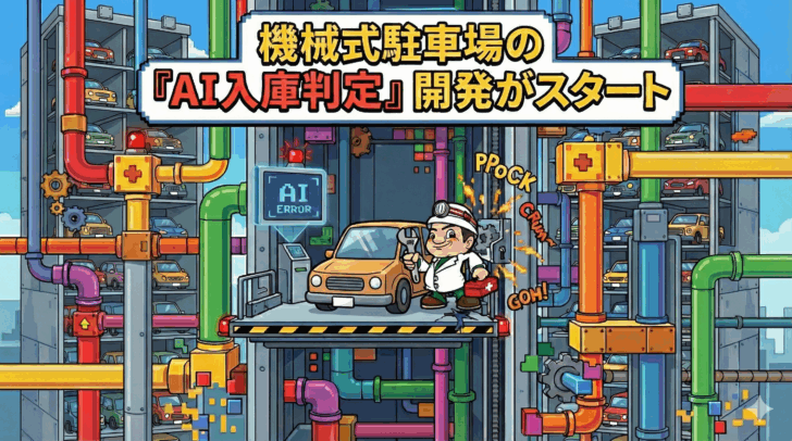 機械式駐車場のAI入庫判定開発イメージとメンテナンスを行う作業員のイラスト